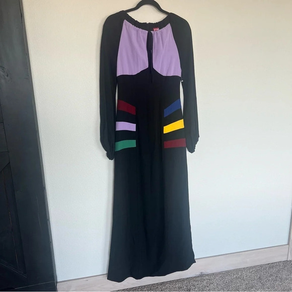 NWOT STAUD Pacha Bell Sleeve Color Blocking Maxi Dress Black Lilac Multicolor 2 - Picture 5 of 16
